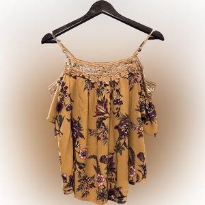 😊 5 FOR 15 😊 Altar’d State Mustard Floral Cold Shoulder Top - Medium